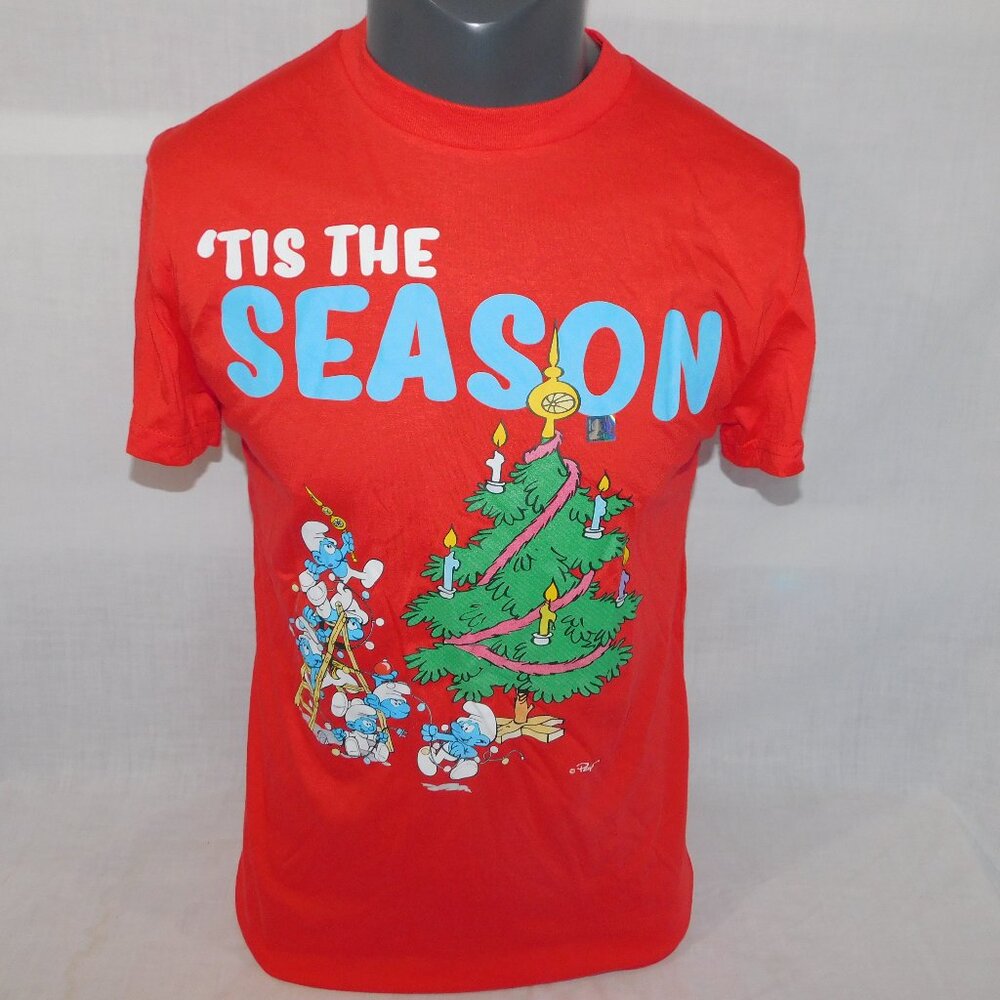 The Smurfs Tis the Season Christmas Red Holiday Short Sleeve T Shirt Mens M